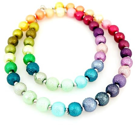 Halskette Collier Krepp Glas Perlen 8mm mehrfarbig bunt multicolor Regenbogen
