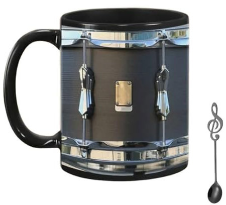 Rfeeuubft 312 Ml Schwarze Vintage-Trommeltasse, Lustige Tasse für Tee, Kaffee, Saft, Wasser, Home-Office-Trinkgefäß, Keramiktasse, Trommel-Geschenke für Männer