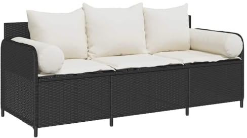 vidaXL Gartensofa mit Kissen 3-Sitzer Schwarz Poly Rattan