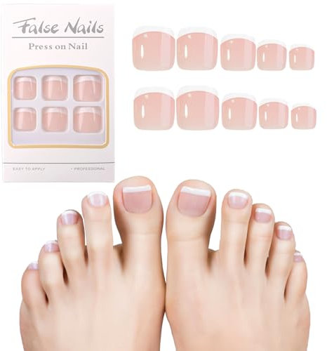 Press On Nails, Toenails False French Tip Short, Stick On Nails Square for Women, Fake Toenails Nude Pink, Toenail Extensions Reusable, False Toenails For Big Toe