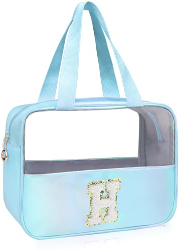 Personalized Initial Clear Makeup Bag Pink Cosmetic Bag Set Large Travel Toiletry Bag, Cute Clear Make Up Bags Organizer Bag for Girlfriend Teacher Gifts Teen Girl Gifts Trendy Stuff A, Blue, H