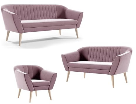 Sofello Skandinavische Couchgarnitur Kaya 3+2+1 für das Wohnzimmer Veloursstoff (Riviera 62 - Rosa)