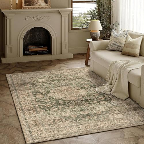 HUGEAR Vintage Rugs Living Room Green Large Area Rug 80x150cm Non Slip Washable Hall Lounge Bedroom Kitchen Office Dining Room Indoor Carpet Low Pile Big Carpets