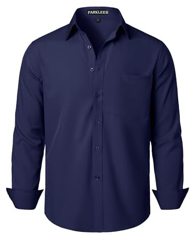 PARKLEES Men's Regular Fit Dress Shirt Solid Wrinkle-Free Long Sleeve Casual Business Button Up Shirts with Pocket ZSSCL05-Navy Large