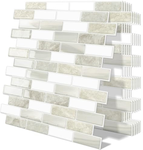 Tiwoos Thick 3D Peel and Stick Wall Tiles Self Adhesive Sticky Splashback for Kitchen Bathroom Marble Beige White 10-Sheet (12×12)
