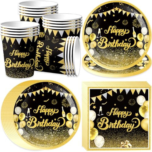 Bikasun Cumpleaños Vajilla de Fiesta, negro y dorado, juego de vajilla para 16 invitados, platos de papel Happy Birthday Platos Tazas Servilletas para decoración de cumpleaños de niños