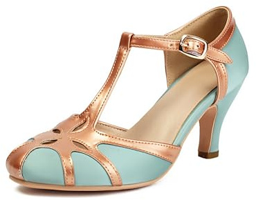 elerhythm Damen Mary Jane Rockability Tear Cut Close Runde Zehe Vintage 1950er Jahre Gatsby Heels Retro 1920er Jahre viktorianische Pumps Schuhe (Blau EU38)