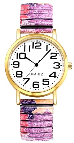 JewelryWe Damenuhr Boho Elastische Uhr: Bohemian Stil Rosa-Lila Blumenmuster Analog Quarz Armbanduhr Damen Edelstahl Stretch-Armband Senioren Uhr mit Zugarmband und Großen Zahlen