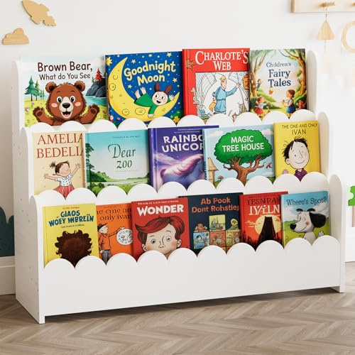SpaceAid 3-stufiges Kinder Bücherregal mit geschwungenen Kanten, Montessori Bücherregal für Kleinkinder,93,2 cm Breite,Weiß