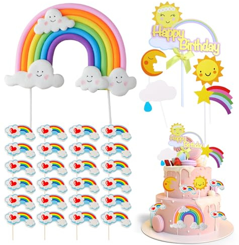 1 Stück Regenbogen Tortendeko, 13.5 X 9.5 Cm Regenbogen Deko Torte, Inklusive 5 Regenbogen-Einsätzen und 24 Kleinen Einsätzen – Eine Exquisite Tortendekoration, Ideal für Geburtstagsfeiern