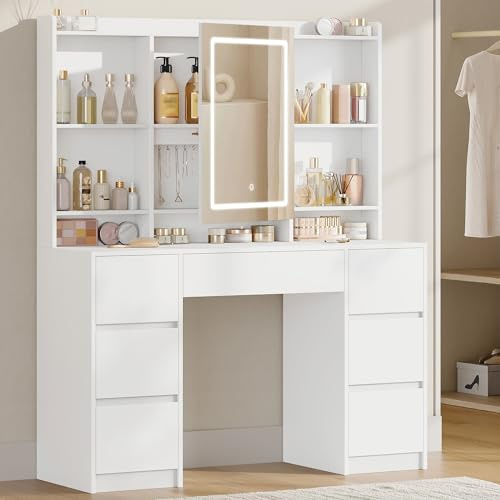Hzuaneri Schminktisch mit Beleuchtung, 40 x 108 x 149,2 cm, Weiß | Schminktisch mit Große LED-Spiegel, Helligkeit Einstellbar, 7 Schubladen, 4 Ablagen, Stauraum Hinter dem Spiegel, DT43203XEU