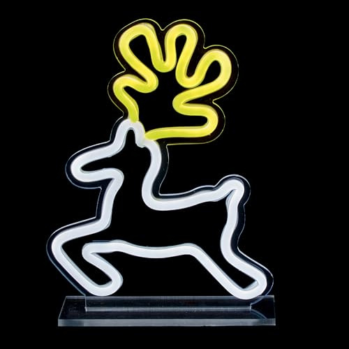 Premier 25cm Reindeer Design Table Top Lit Neon Sign – White & Yellow LED Neon Effect Christmas Decoration with 3m Cable