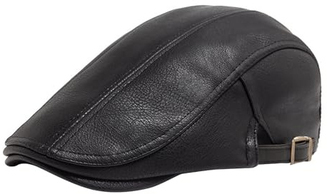 YAMEIZE Gorra Plana de Cuero con Retro de Invierno - para Hombres Mujeres Sombrero de Vendedor de Boina de Cuero de PU Gorra Plana Peaky para Conducir (FR/ES, Letras, Talla única, Negro)