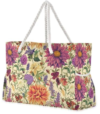 GuoChe Tragbare Seesack mit Vintage-Blumen, rustikal, beige, mit Seitentaschen, Tragetasche, groß, für Strand und Arbeit