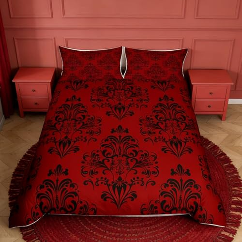 HomemissingVintage Damast Bettwäsche Set 135x200cm Rot Schwarz Floral Boho Bettwäsche-Set mit Reißverschluss Gothic Böhmen Bettbezug Luxus Blume mit 1 Kissenbezug