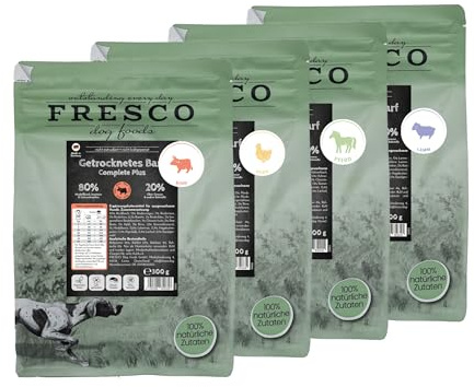 FRESCO Dog TrockenBarf für Hunde PROBIERPAKET 4x300g | Hundefutter trocken | Getreidefrei & zuckerfrei | 100% frisch | BARF Trockenfutter für Hunde aus Rind, Pferd, Lamm oder Huhn | ohne Zusätze