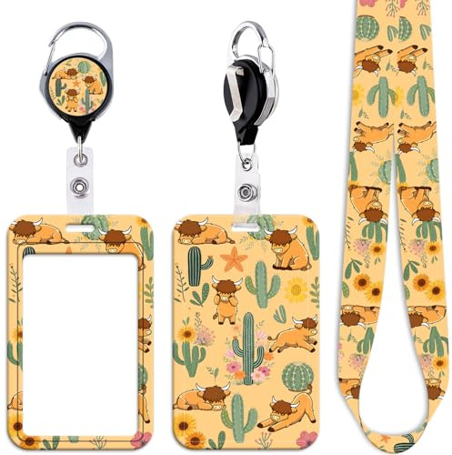 Highland Cow Badge Reel with Yellow ID Card Holder Lanyard Cactus Heavy Duty Retractable ID Badge Holder Reel Clip Cute Kids Lanyard ID Holder for Keys Name Tag, for Office Nurses Staff & School ID