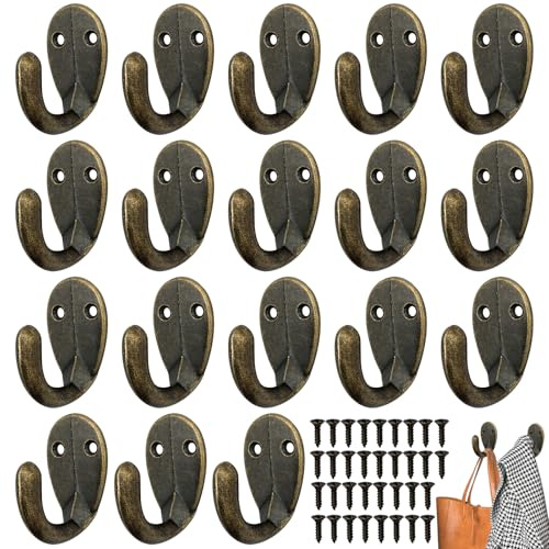 Ninnyi 18 Pcs Vintage Antique Brass Hook with Screws, Brass Hooks to Screw in for Key, Bag, Robe, Towelhat, Clothes