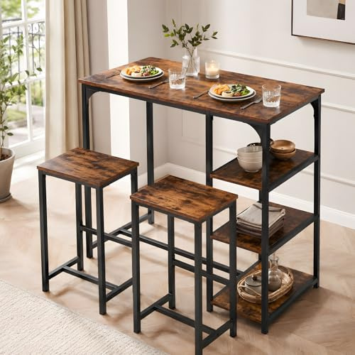 ZECIIYE Mueble Bar con 2 Taburetes Altos Mesa de Bar 90cm con Estantería de 3 Niveles Barra de Desayuno Estilo Loft Isla de Cocina Auxiliar Conjunto Mesa y Sillas Alta 100x50x90cm