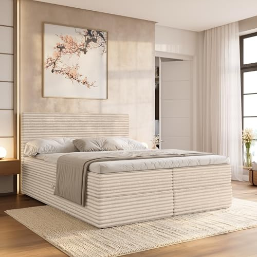 BROMARKT Boxspringbett 180x200 mit Topper Bettkasten Kopfteil Beige | Dopperbett mit Matratze Bett Bed Bettgestell mit Stauraum für Schlafzimmer mit Matratzenauflage Cordstoff Boxbett MILA