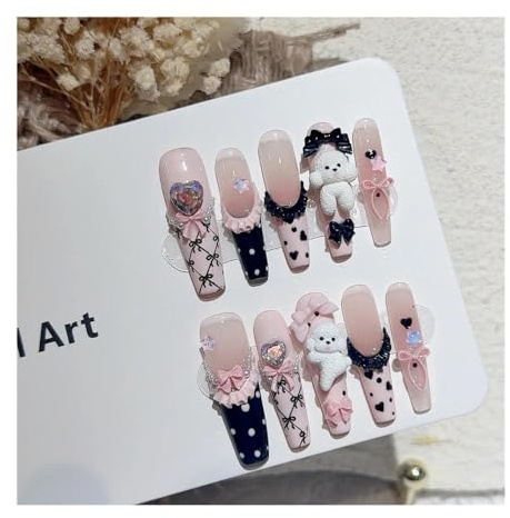 10pcs Handmade Press On Nails Light Pink French Style Long Coffin Fake Nail Tips Manicure Kit(XS-Y2)