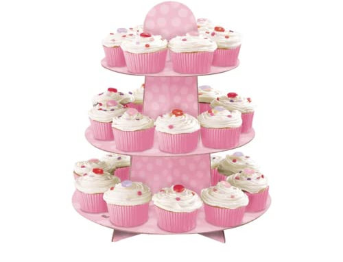 Unique- Soporte Redondo de cartón para Cupcakes | Rosa | 1 Unidad, Baby Shower, lunares, Color, 13h x 11.75w (90307)
