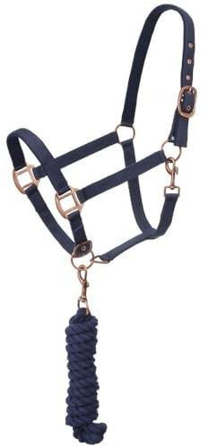 Tough1 Padded Horse Halter with Antique Hardware and Lead Rope - Navy Blue
