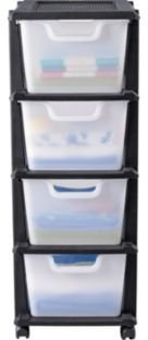 Keter 4 Drawer Tower Storage Unit - Black, Size H86, W32, D38cm, Mounted on wheels for easy manoeuvrability.