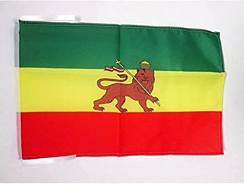 BANDERA de ETIOPIA CON LEON 45x30cm - BANDERINA ETÍOPE CON ARMAS 30 x 45 cm cordeles - AZ FLAG