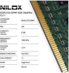 Nilox 4GB PC3-8500 Memoria RAM DDR3 SO-DIMM da 4GB, 1066MHz, CL7, Verde