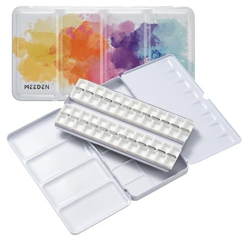 MEEDEN Aquarellkasten Leer: Watercolor Malkasten Reise-Tuschkasten mit 52 Aquarell Napf Leer - tragbare Metallbox Wet Mischpalette für Aquarell Gouache Watercolor Künstler Studenten