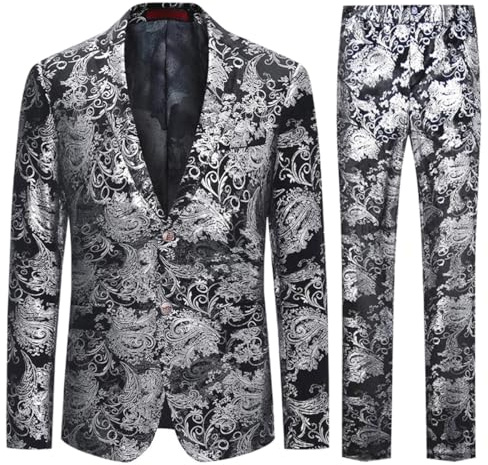 Allthemen Traje de Esmoquin Jacquard para Hombre, Conjunto de 2 Piezas con Solapa con Muesca para Fiesta de Boda Plateado XL