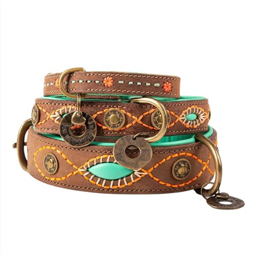 Dog with a Mission - Hundehalsband XXL | Braun, Mint, Bestickt | Boho, Ethno, Urban, Hippie | Extra grote Hunde | Handgemacht | Modisch und Bunt | Aus weichem Echtes Leder | 4 cm Breit