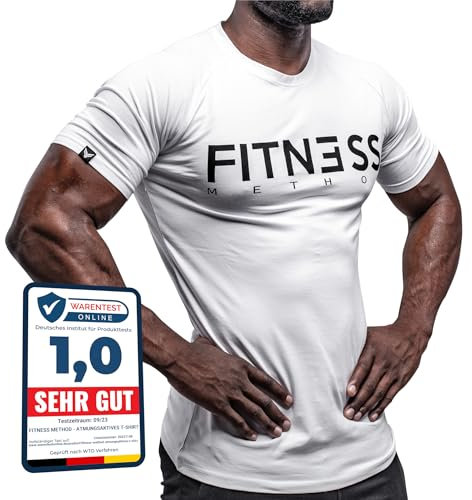 Fitness Method, Sport T-Shirt Herren, Slim-Fit Shirt bequem & hochwertig Männer, Rundhals & Tailliert, Training & Freizeit, Gym & Casual Workout Mann, 95% Baumwolle, 5% Elastan (Weiß-Schwarz, M)
