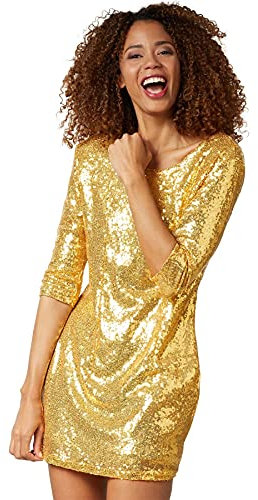 dressforfun 900892 Kurzes Damen Pailletten Glitzer Kleid, Langarm, Trägerkleid (M | Gold)