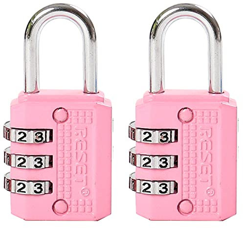 RESET-071 3-Digit Combination Padlock, Compact Resettable Lock for Mini Locker, Travel Lock, Diary, Luggage, Suitcase, Backpack, Pink, 2-Pack