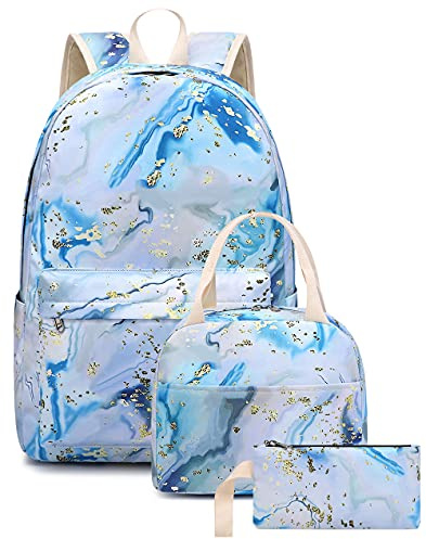 Bluboon Teen Girls School Backpack Kids Bookbag Set with Lunch Box Pencil Case Travel Laptop Backpack Casual Daypacks (Blue-white)