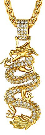 GoldChic Jewelry Collier Dragon Chinois Plaqué Or Homme Acier Pendentif Zirconium Blanc Religieux Médaille Chaine Porte Bonheur Amulette Protection Chaine Garcon 20 Pouce 50cm