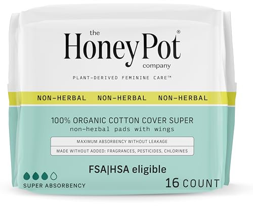 The Honey Pot Company, Non-Herbal Pads with Wings, Organic Super, 16 Count