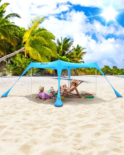 Sonnensegel Strand Strandzelt Sonnenschutz UPF50+, 3m X 3m X 2m Strand Sonnenschutz Mit 4 Alustangen 4 SandsäCken Und 4 Ground Anchor, Sonnendach Strandpavillon Leicht Für Picknick Reise