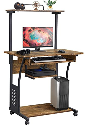 Topeakmart Retro Computer Desk on Wheels Mobile Computer Desk with Printer Shelf and Keyboard Tray, 3 Tiers Home Office Desk with Storage for Small Space, Compact Computer Workstation, Rustic Brown