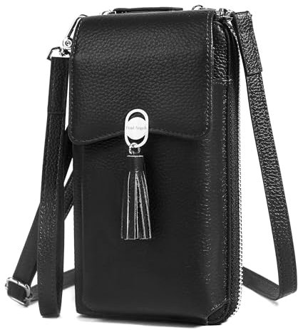Pearl Angeli Weiches Echtes Leder Handy Umhängetasche - Handytasche Geldbörse Damen RFID Schutz kleine Crossbody Tasche (A-Schwarz)