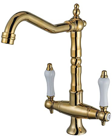 BOAOTX Wasserhahn Küche Gold Vintage, Küchenarmatur 360° Drehbar, Spültischarmatur Zweigriffmischer, Küchenspüle Armatur Mischbatterie Hochdruck Hoher Auslauf aus Messing