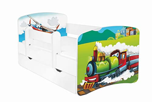 AS-TOR Kinderbett Jugendbett Hugo 80x160cm mit Matratze, Schublade und Abnehmbarem Geländer - Bett Schlafzimmer Kindermöbel Kinderbetten für Mädchen und Junge, Massivholz, Solide und Sicher - Zug