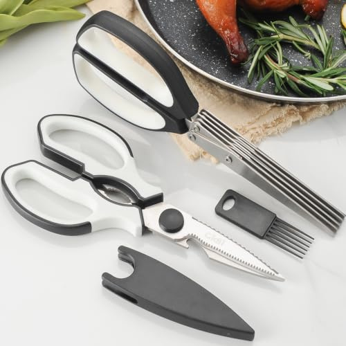 Gidli 5 Blade Herb Scissors Set with Heavy Duty Kitchen Shears - Stainless Steel Vegetable Scissors for Fresh Herbs and Salad Prep - Dishwasher Safe 2 Pack with Protective Cover