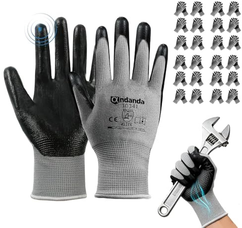 ANDANDA Men‘s Work Gloves with Nitrile Coating - Pack of 24 | Safety Gloves for Mechanics, Gardening & Logistics | Non-Slip Grip, Comfort Fit | Size XL (Black)