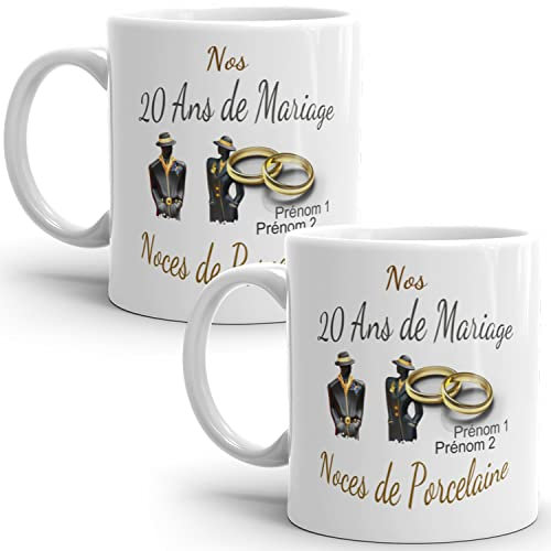 Mug duo 20 ans noces de Porcelaine personnalisable anniversaire mariage 2 prénoms tasse Idée Cadeau Originale Famille couple mari femme noel fete époux épouse