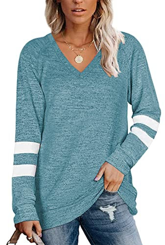 Famulily Ladies Lightweight Sweaters Top Long Sleeve Striped Color Block Tunic Tops Lake Blue M