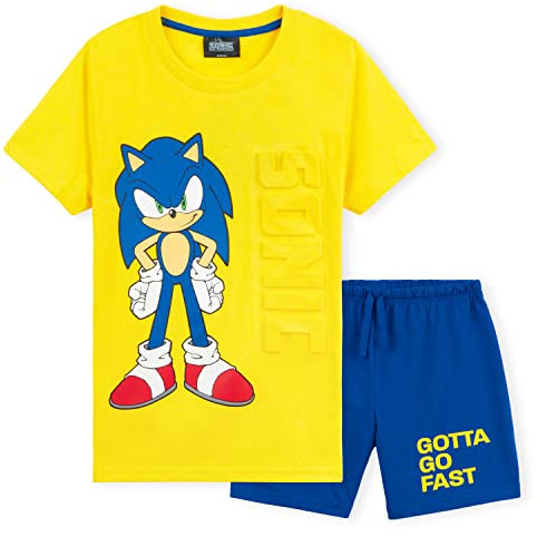 Sonic The Hedgehog Schlafanzug Sommer kurz | Pyjama-Set Baumwolle für Kinder von 4-12 Jahren | Zweiteiliger Nachtwäsche Gr. 104-152 | Schlafkleidung mit elastischem Hosenbund (Gelb/Blau, 4-5 Jahre)
