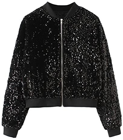 ORANDESIGNE Baseball Jacke Damen Pailletten Reißverschluss Langarm Jacken Frühling Herbst Kurze Jacke Outwear mit Taschen Frauen Retro Casual Baseball Bomberjacke Bikerjacke I Schwarz S